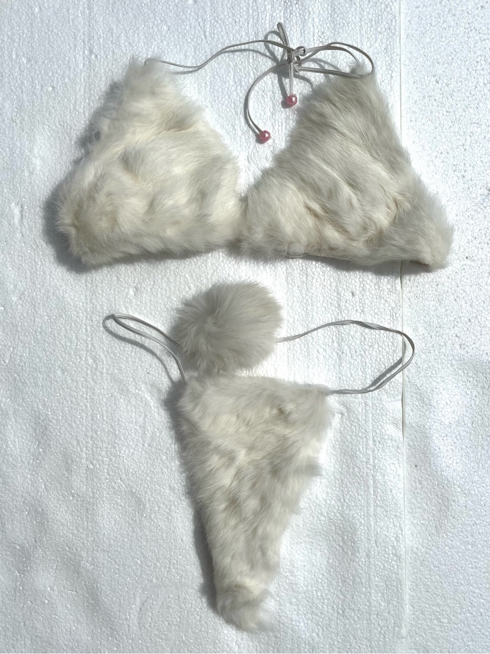 Women’s Clubwear Bunny Costume Rabbit Fur Bikini Top Thong Bottoms Small